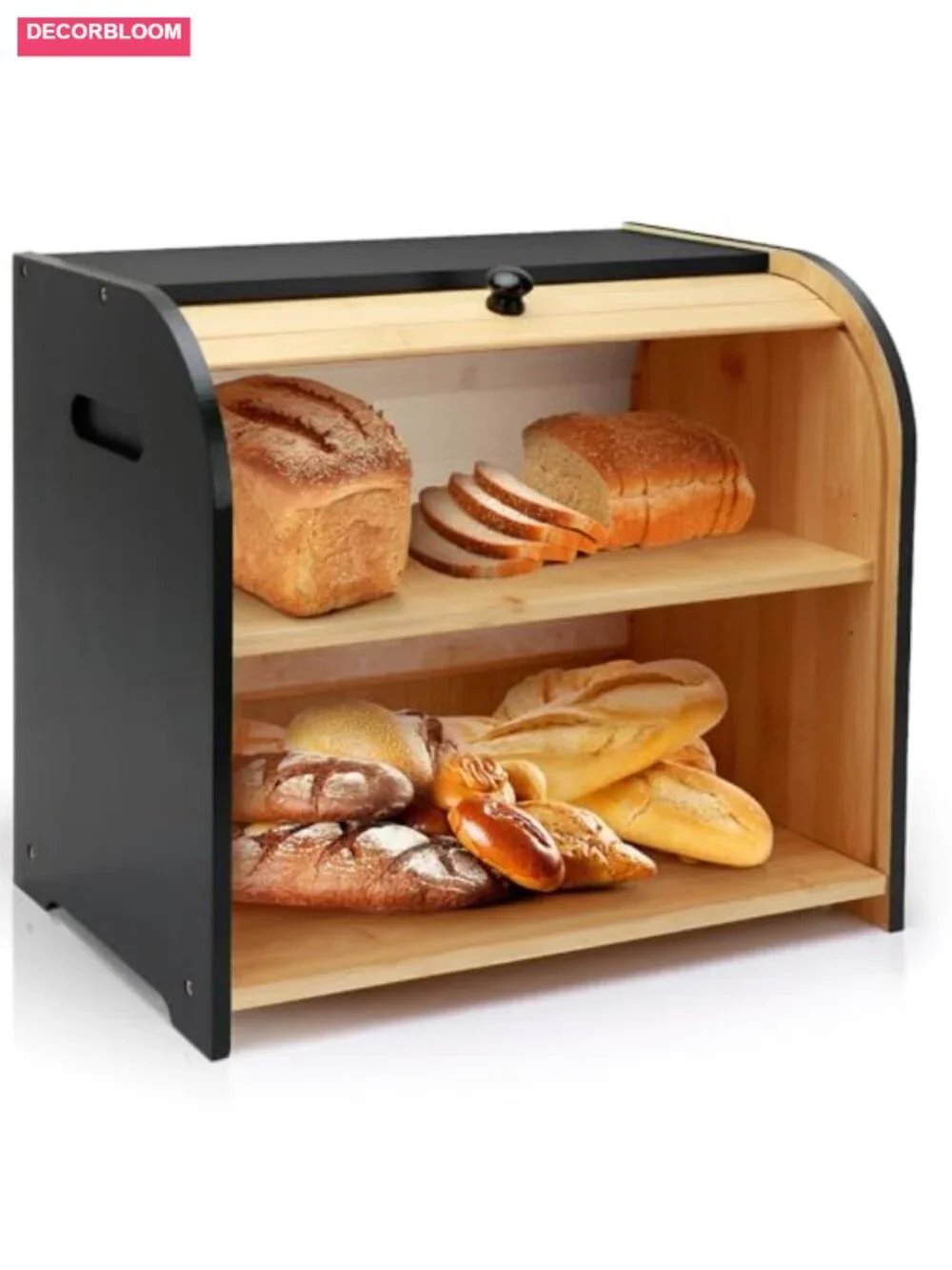 Bamboo Two Layer Roll Top Bread Box for Kitchen Countertop Storage